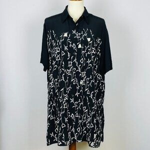 Vtg Gottex Swimwear Button Front Cover Up Sz L Black White Floral Tunic Beach